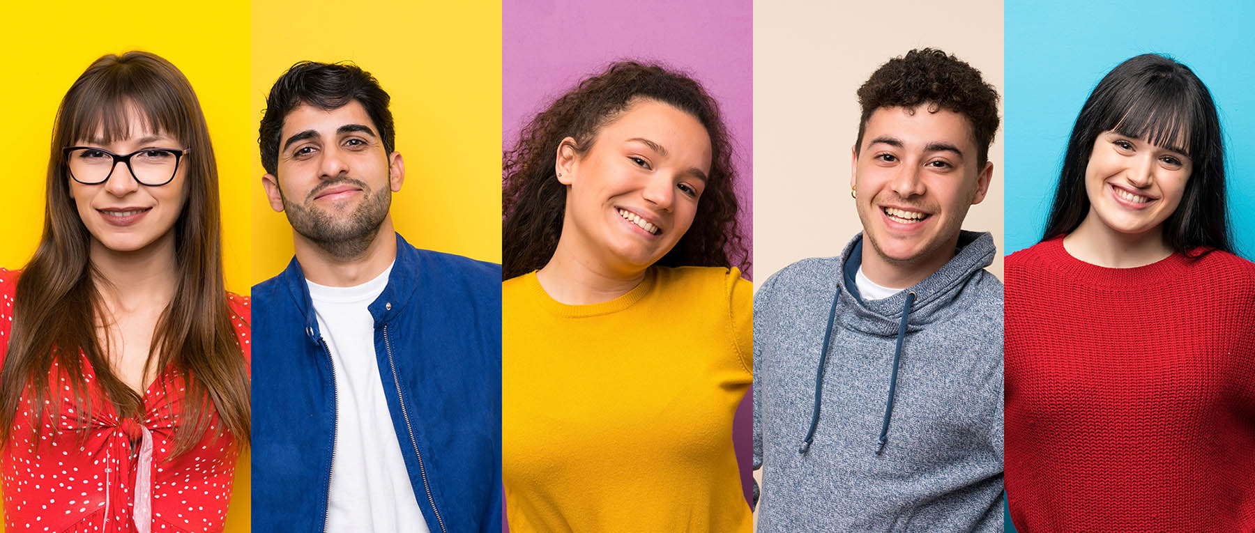 Set,Of,People,Over,Colorful,Backgrounds,Posing,With,Arms,At Sidagri Crop | Parità di genere